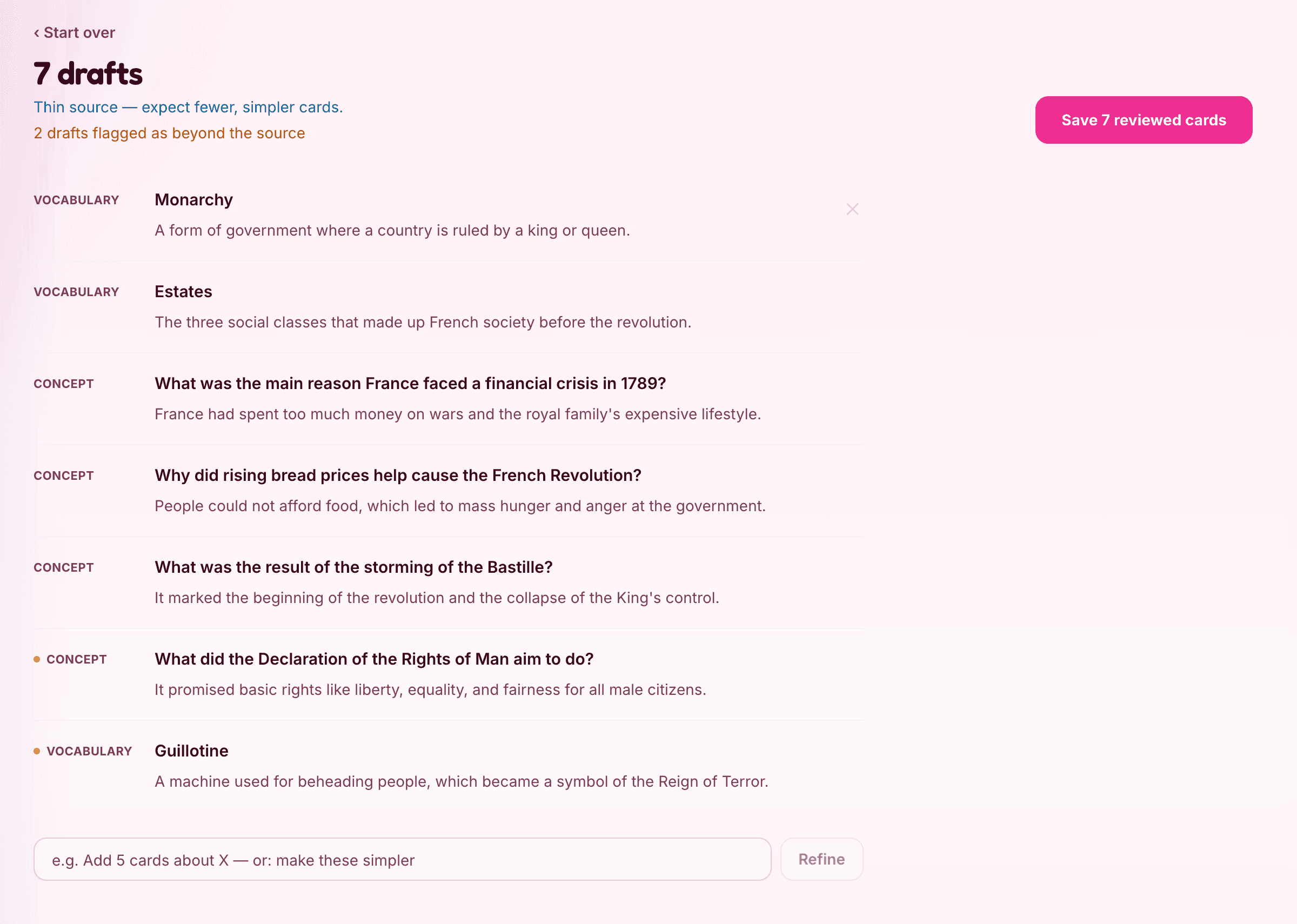 The Hippo review screen: seven drafted cards pending approval with a Save reviewed cards button, two drafts flagged as beyond the source, inline editing on every row, and a refine box for making cards simpler