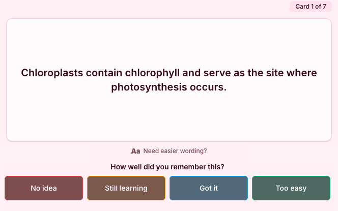A Hippo study card after reveal showing the answer and the four rating buttons: No idea, Still learning, Got it, Too easy