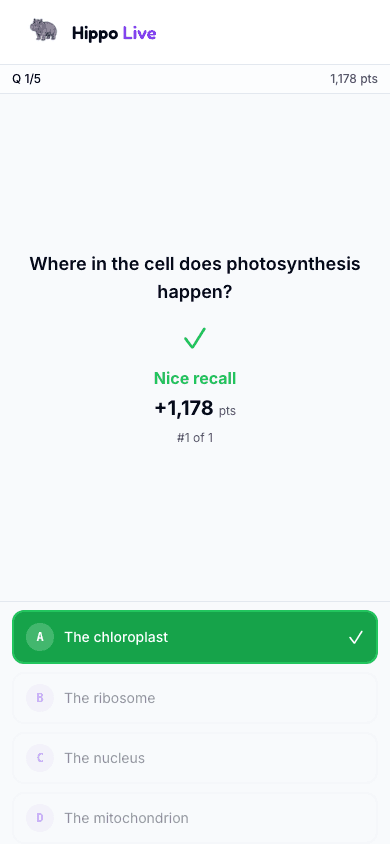 Student Live feedback showing the full photosynthesis question and The chloroplast selected as the correct answer
